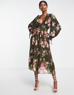 ASOS DESIGN pleated blouson sleeve midi dress with belt detail in floral print - ASOS Price Checker