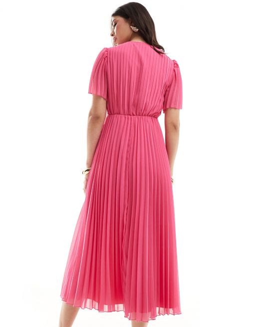 ASOS DESIGN pleated bodice flutter sleeve pleat midi dress in hot pink