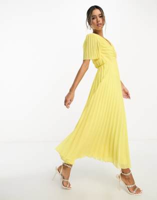 ASOS DESIGN pleated bodice flutter sleeve pleat midi dress in lemon | ASOS