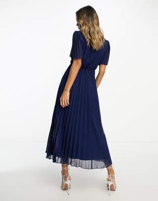 ASOS DESIGN Fuller bust twist front pleated cami midi dress with belt in  navy