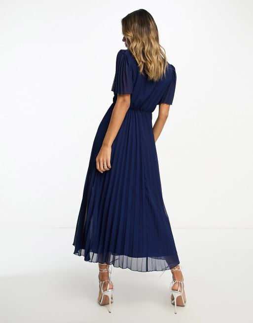 ASOS DESIGN pleated bodice flutter sleeve pleat midi dress in navy