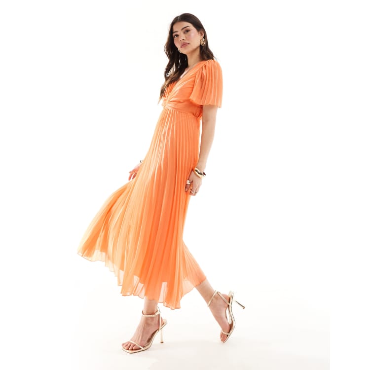 ASOS DESIGN pleated bodice flutter sleeve pleat midi dress in orange ASOS