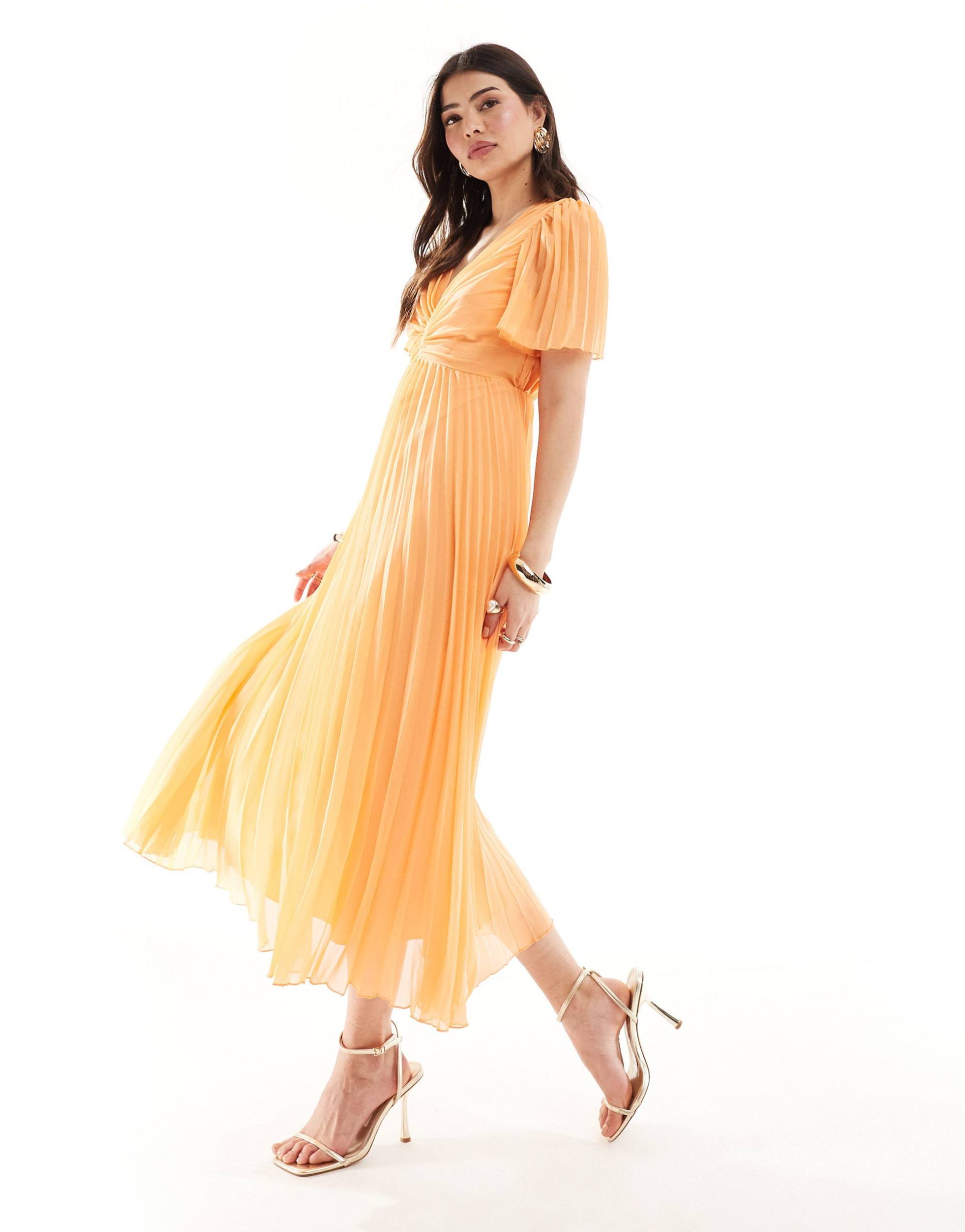 asos design pleated bodice flutter sleeve pleat midi dress in orange