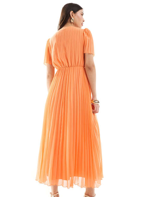 ASOS DESIGN pleated bodice flutter sleeve pleat midi dress in orange