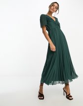 ASOS DESIGN Bridesmaid ruched waist maxi dress with long sleeves and pleat  skirt in olive