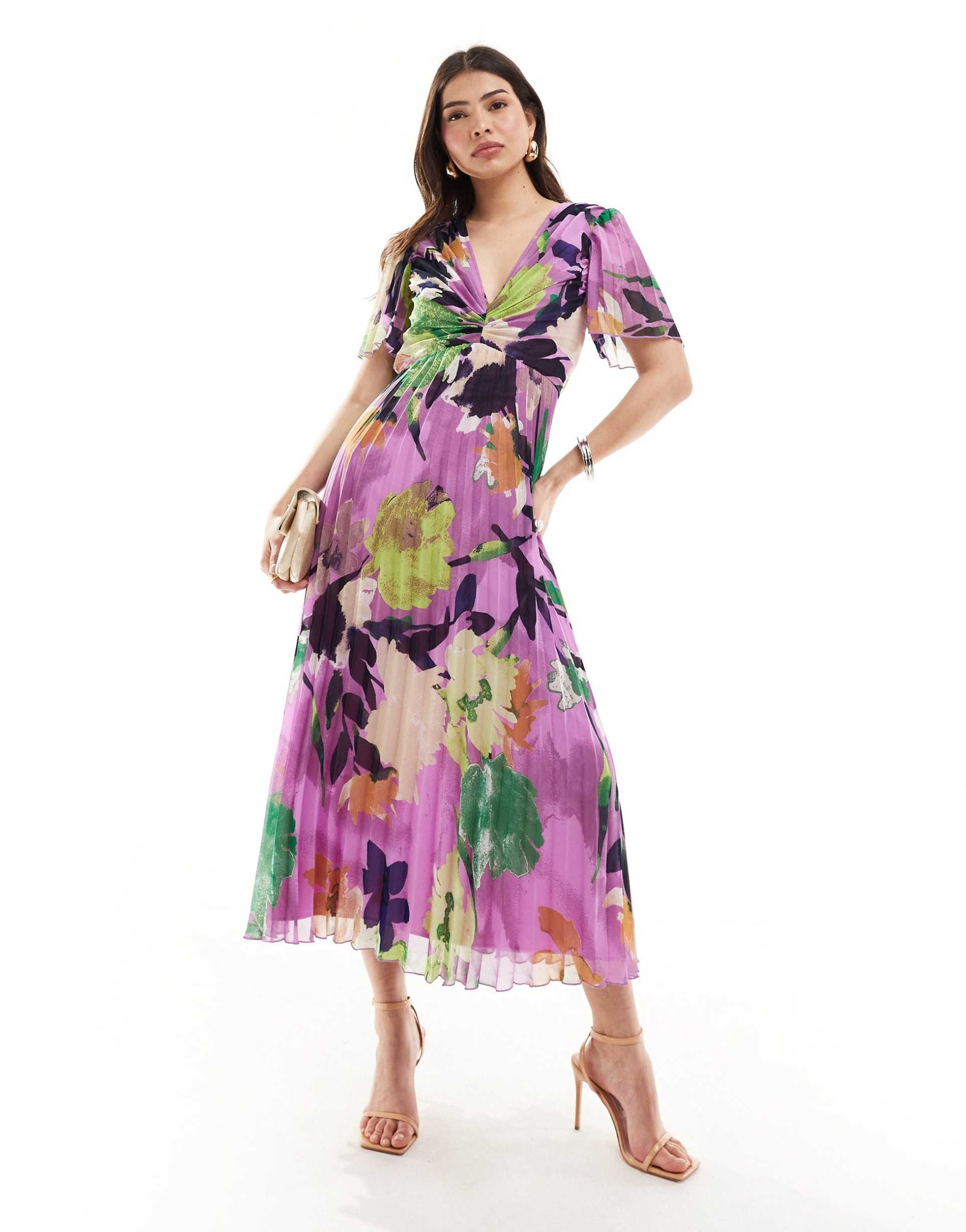 asos design pleated bodice flutter sleeve pleat midi dress in print