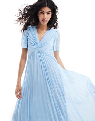 Asos Design Pleated Bodice Flutter Sleeve Pleated Midi Dress In Dusky Blue