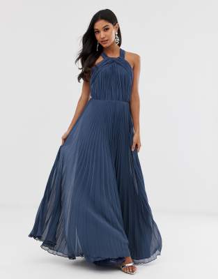 asos design halter pleated bow back maxi dress