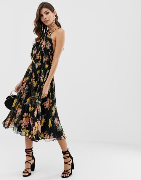 ASOS DESIGN pleated bodice halter midi dress in floral print - view 1