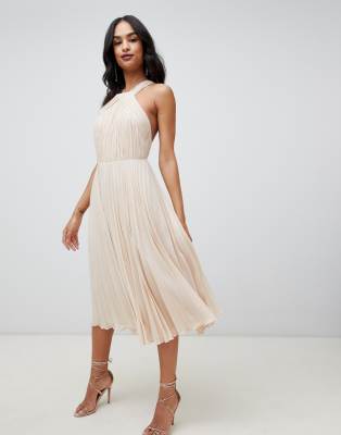 pleated halter midi dress