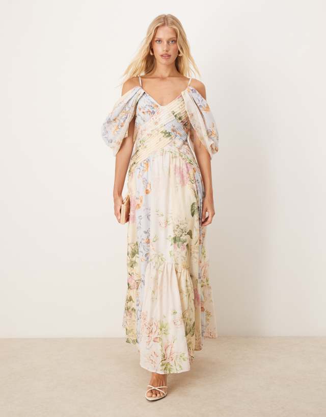 asos design pleated bodice halter maxi dress with full skirt in mixed floral print nvgroup_2DL06