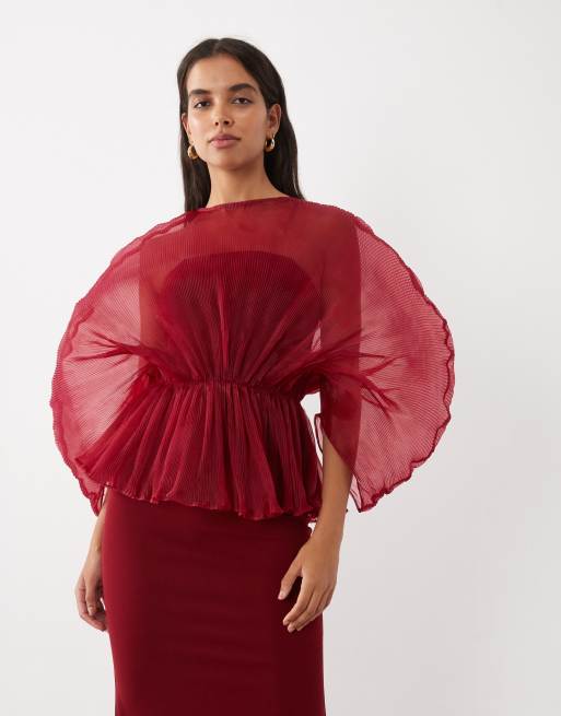 ASOS DESIGN pleated bodice maxi dress with stretch crepe contrast in wine, 2 of 4