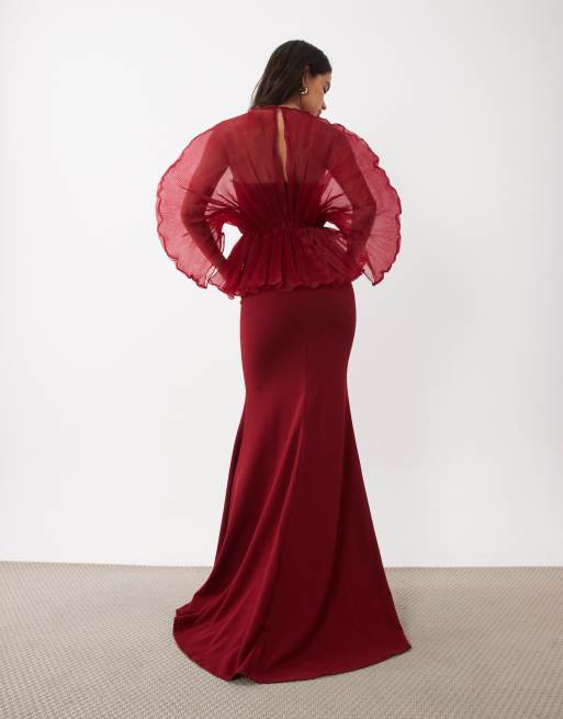 ASOS DESIGN pleated bodice maxi dress with stretch crepe contrast in wine, 4 of 4