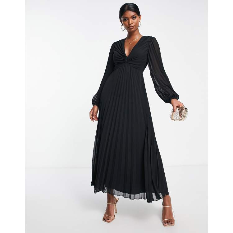 ASOS DESIGN pleated bodice plunge neck midi dress in black