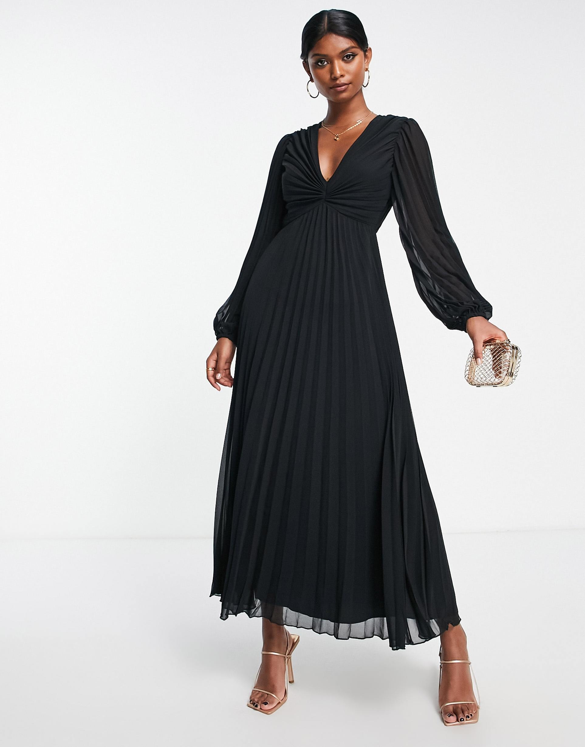 asos design pleated bodice plunge neck midi dress in black