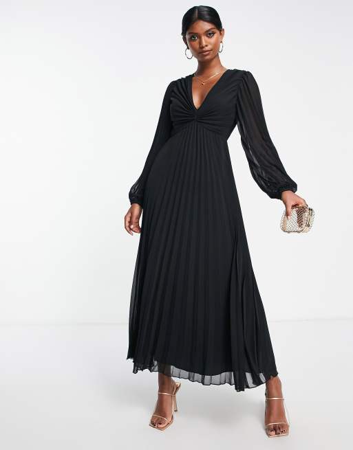 ASOS DESIGN pleated bodice plunge neck midi dress in black