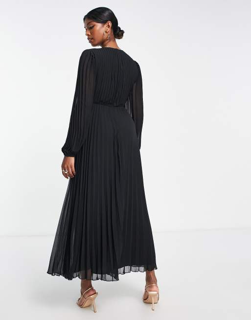 ASOS DESIGN pleated bodice plunge neck midi dress in black