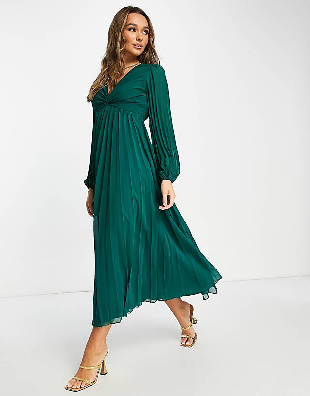 ASOS DESIGN pleated bodice plunge neck midi dress in forest green