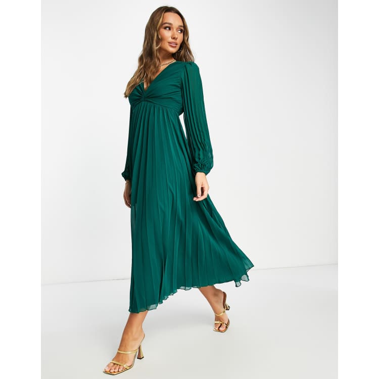 ASOS DESIGN pleated bodice plunge neck midi dress in forest green