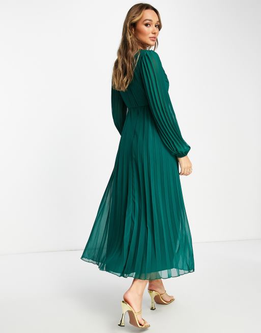 Emerald green long outlet sleeve pleated midi dress