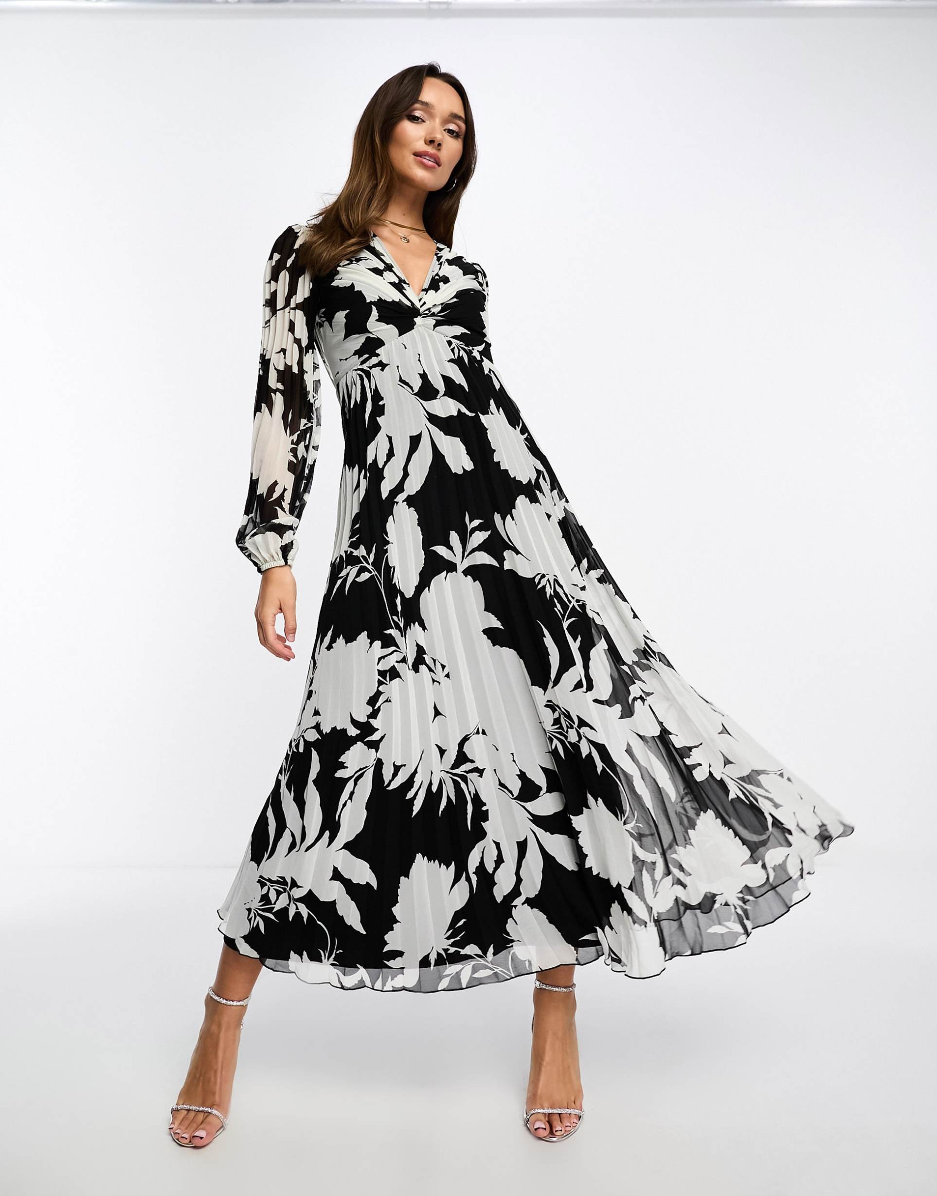 asos design pleated bodice plunge neck midi dress in mono floral print