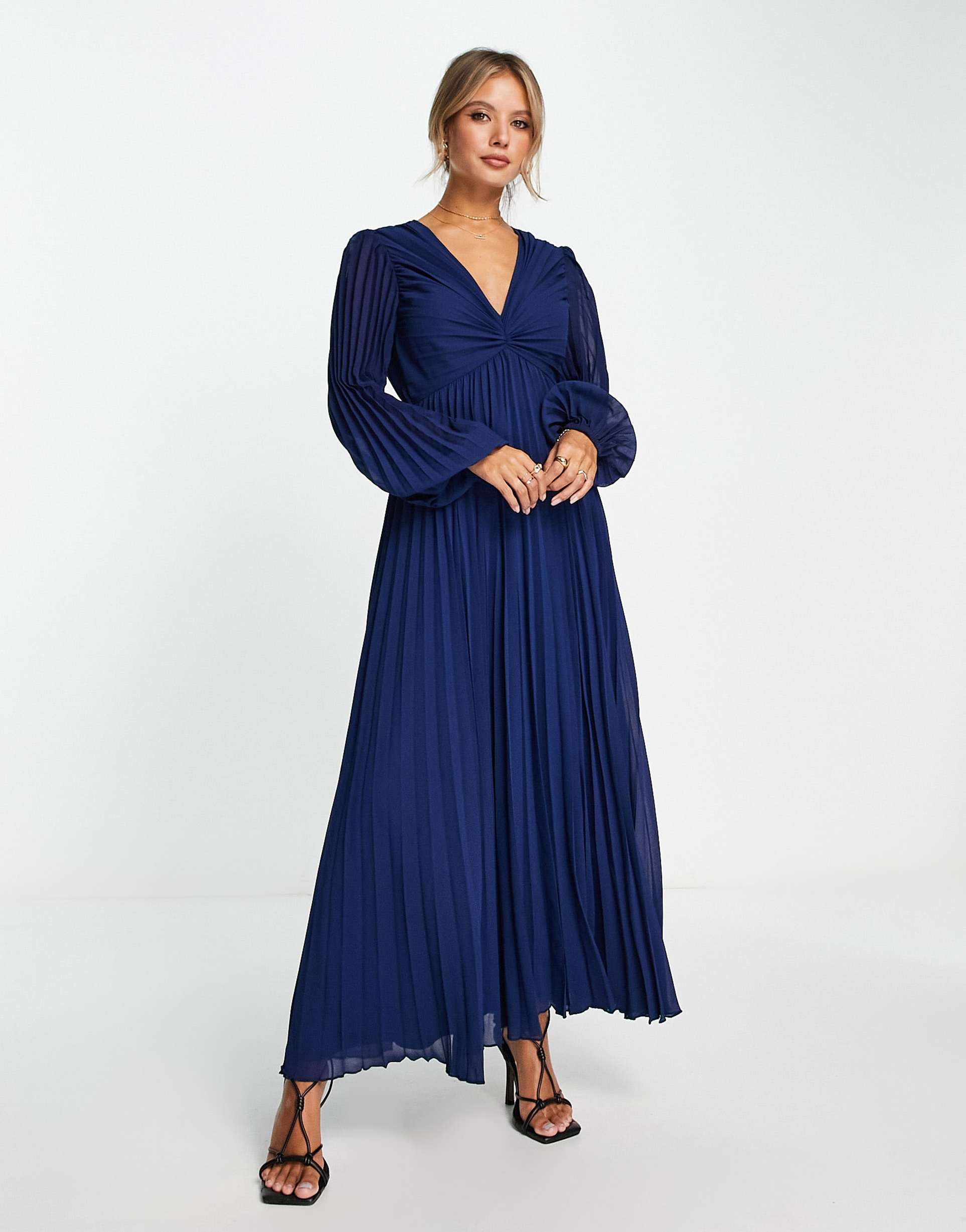 asos design pleated bodice plunge neck midi dress in navy