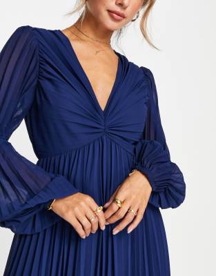 ASOS DESIGN pleated bodice plunge neck midi dress in navy