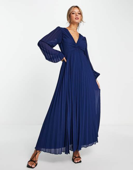 ASOS DESIGN pleated bodice plunge neck midi dress in navy