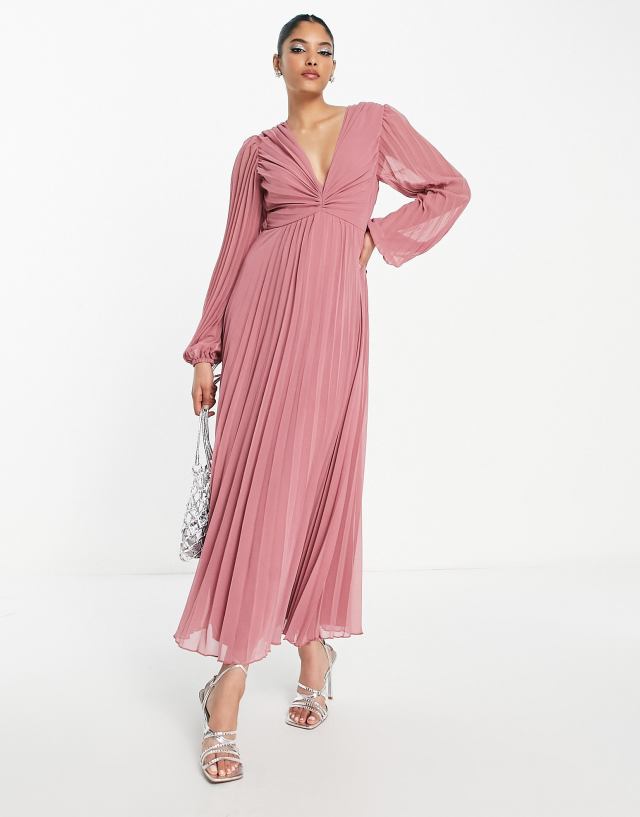 ASOS DESIGN pleated bodice plunge neck midi dress in rose