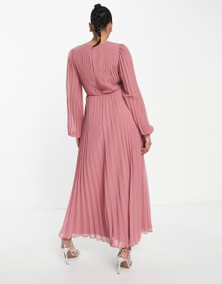 Rose long sleeve pleated midi outlet dress