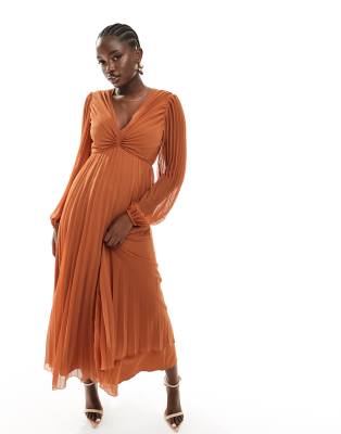 Closet pleated skirt midi dress in rust hotsell