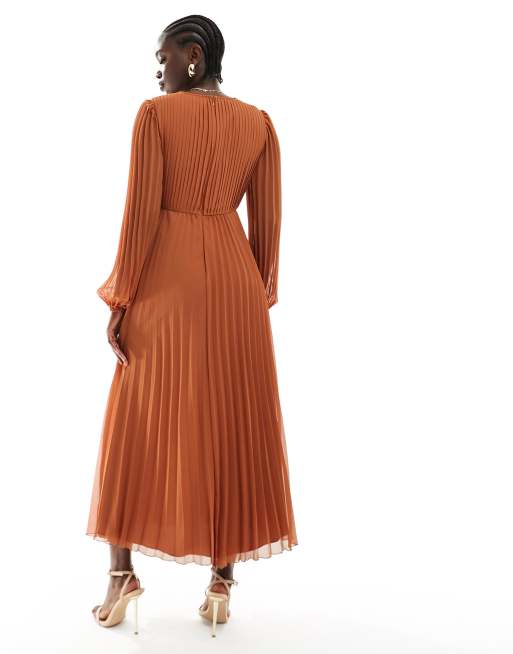 ASOS DESIGN Maternity textured twist front pleated midi dress with all over  embroidery in rust