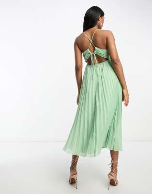 asos design pleated crop top midi dress ASOS DESIGN cowl wrap front pleated midi dress with cut out in sage green