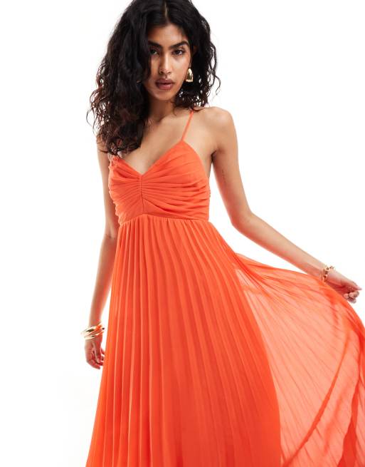 ASOS DESIGN pleated bodice strappy pleat midi dress with tie back detail in coral ASOS