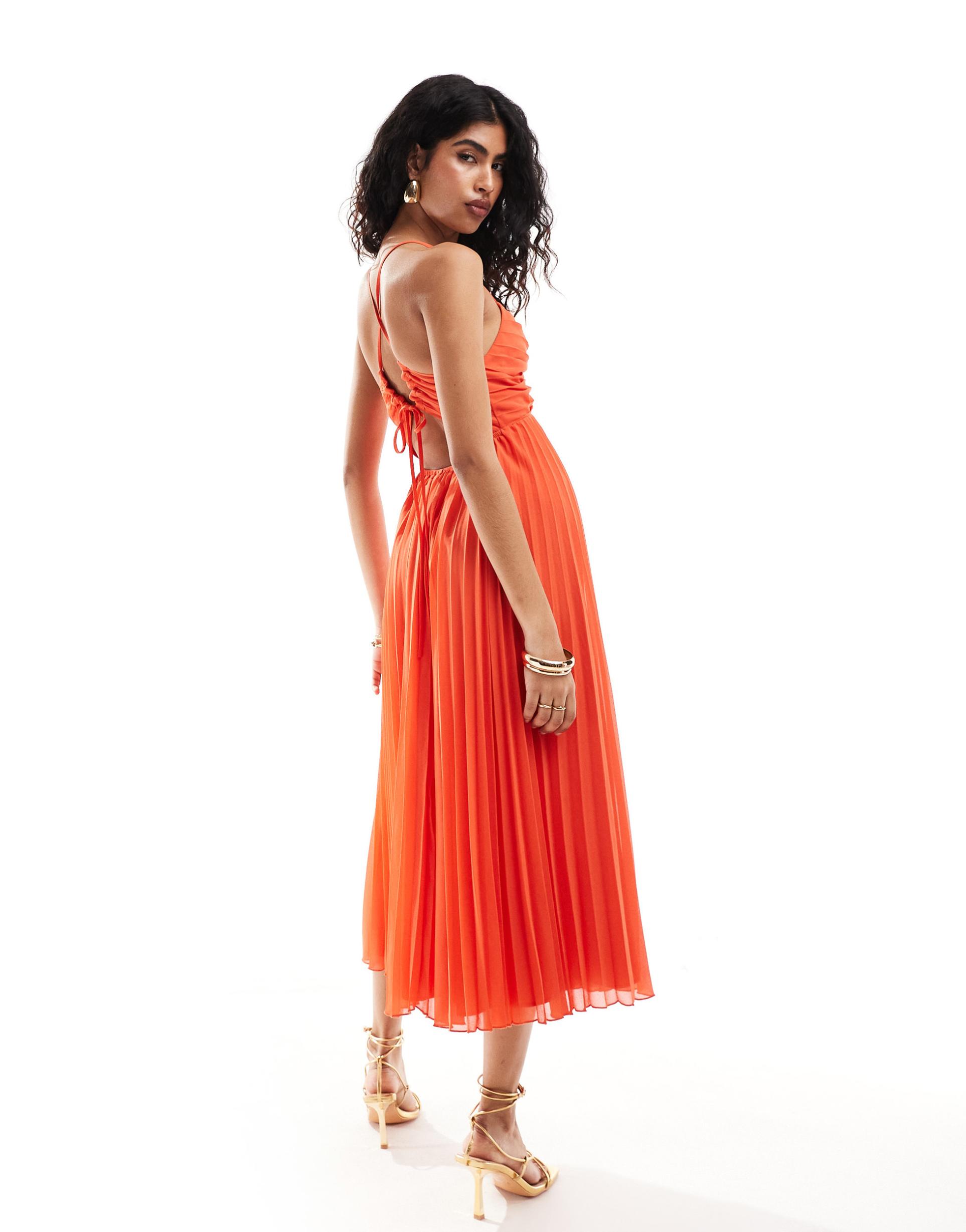 asos design pleated bodice strappy pleat midi dress with tie back detail in coral