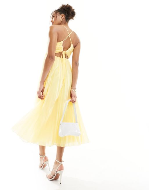 ASOS DESIGN pleated bodice strappy pleat midi dress with tie back detail in  lemon | ASOS