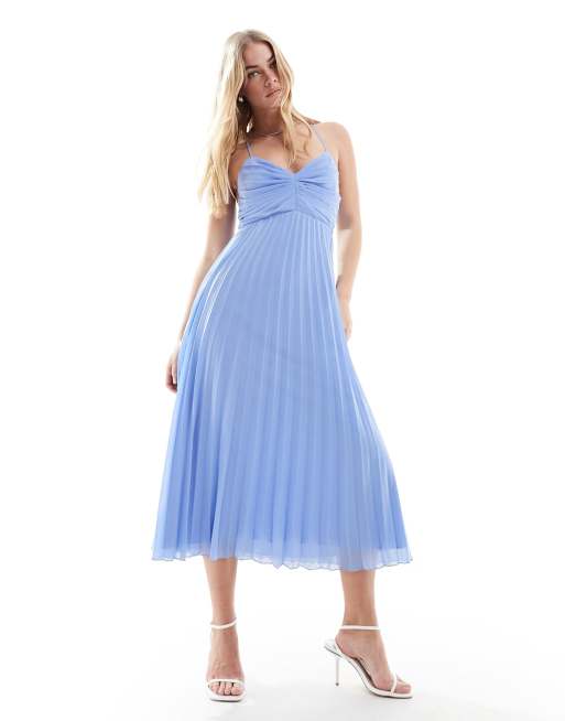 ASOS DESIGN pleated bodice strappy pleat midi dress with tie back detail in light blue ASOS