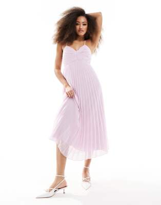 ASOS DESIGN pleated bodice strappy pleat midi dress with tie back detail in lilac-Purple