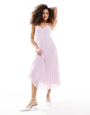 Asos Design Pleated Bodice Strappy Pleat Midi Dress With Tie Back Detail In Lilac-purple