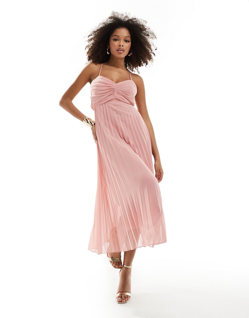 ASOS DESIGN pleated bodice strappy pleat midi dress with tie back detail in pink