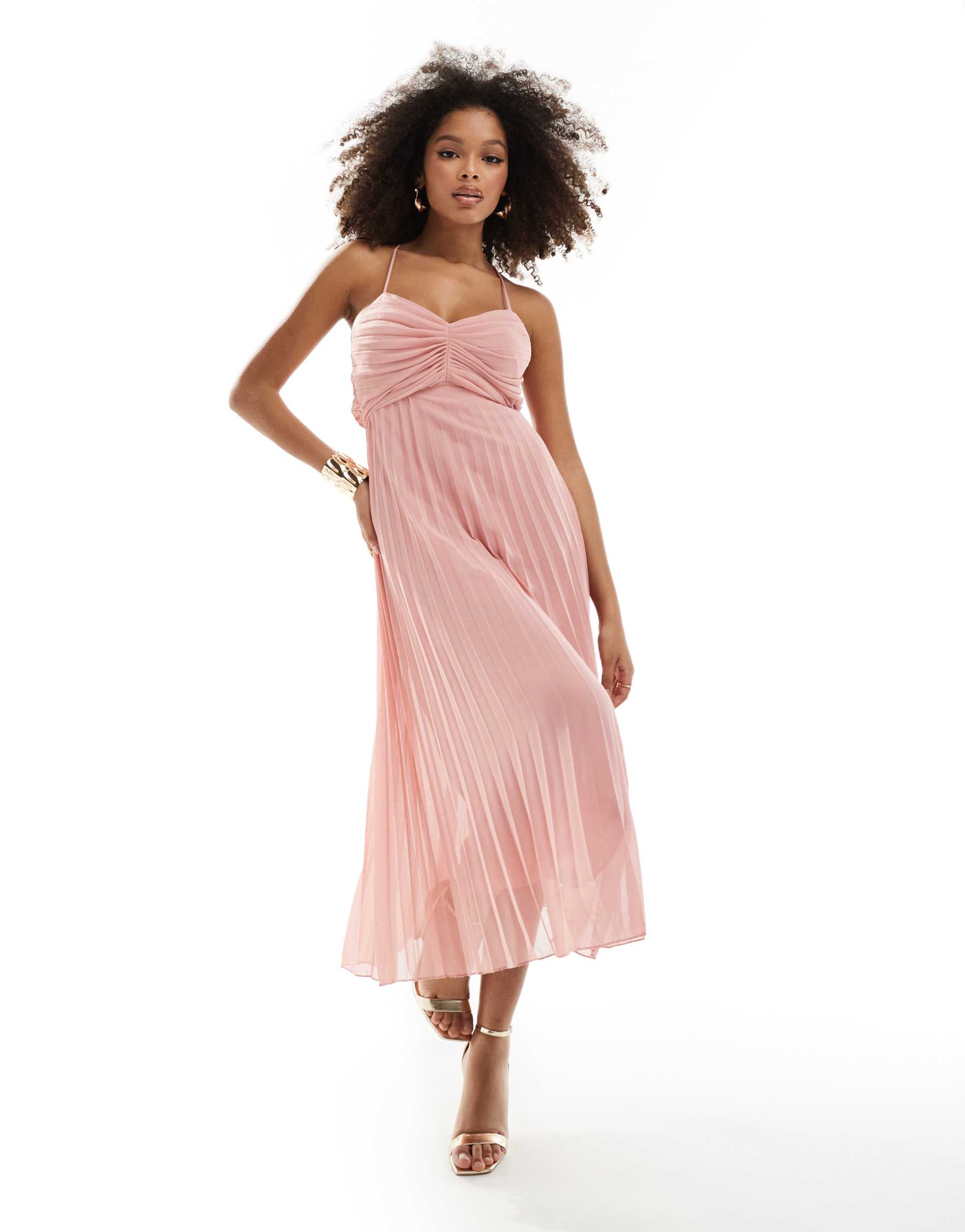 asos design pleated bodice strappy pleat midi dress with tie back detail in pink