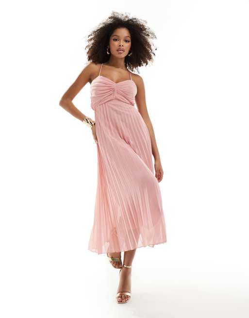  ASOS DESIGN pleated bodice strappy pleat midi dress with tie back detail in pink