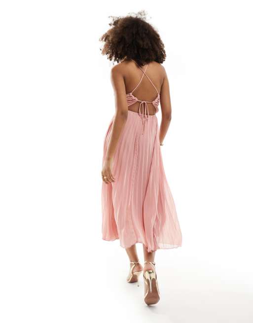 ASOS DESIGN pleated bodice strappy pleat midi dress with tie back detail in pink ASOS