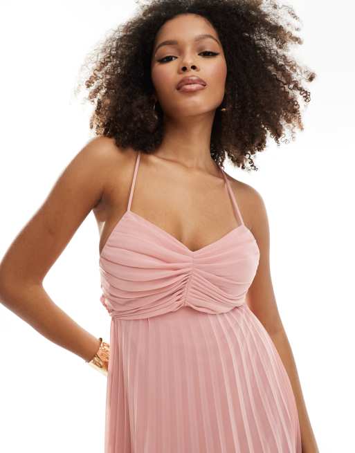 ASOS DESIGN pleated bodice strappy pleat midi dress with tie back detail in pink ASOS