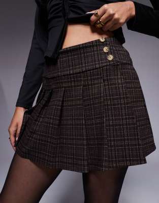 ASOS DESIGN pleated brushed micro mini skort in chocolate plaid print-Multi