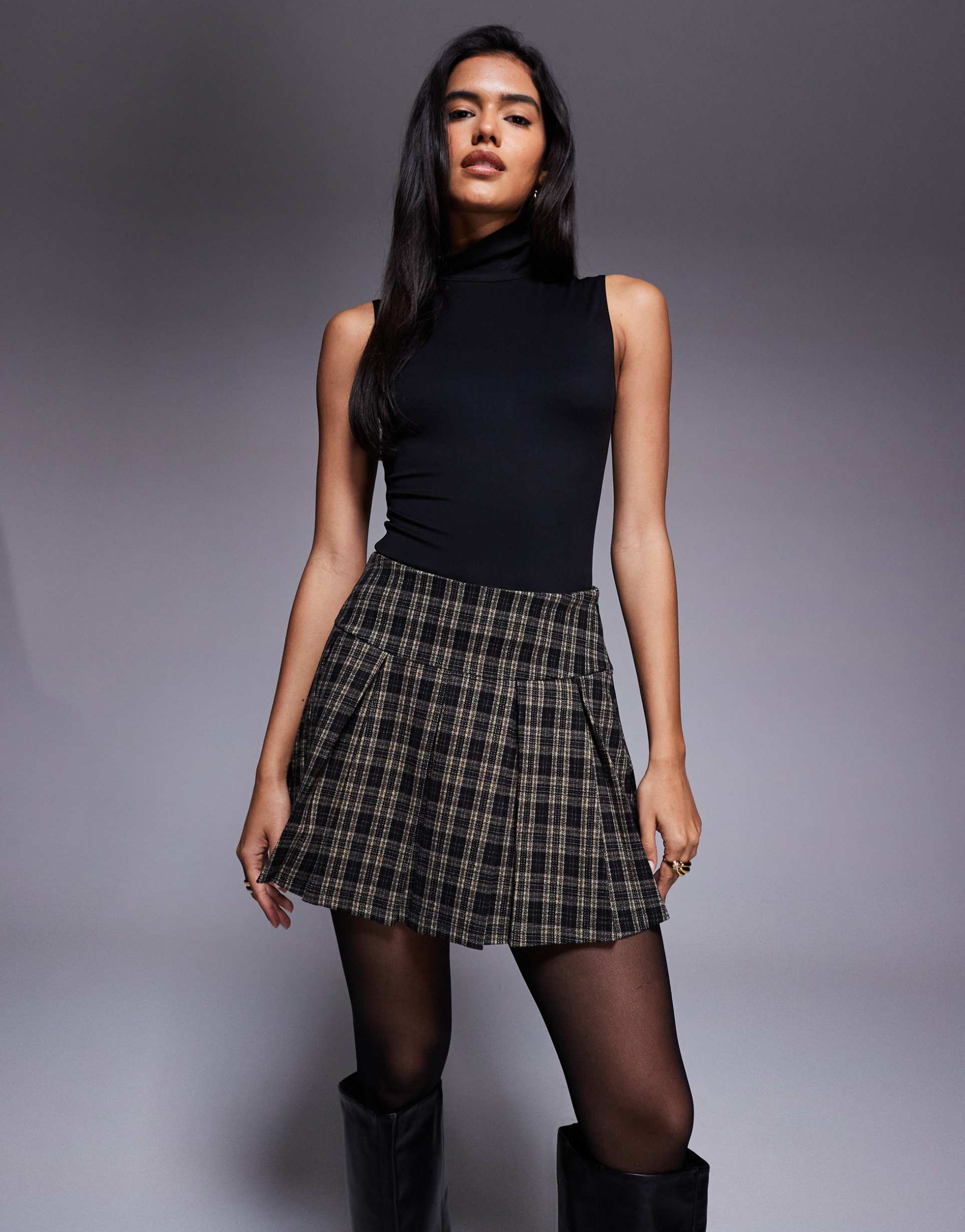 asos design pleated brushed v-seam mini skirt in chocolate plaid print
