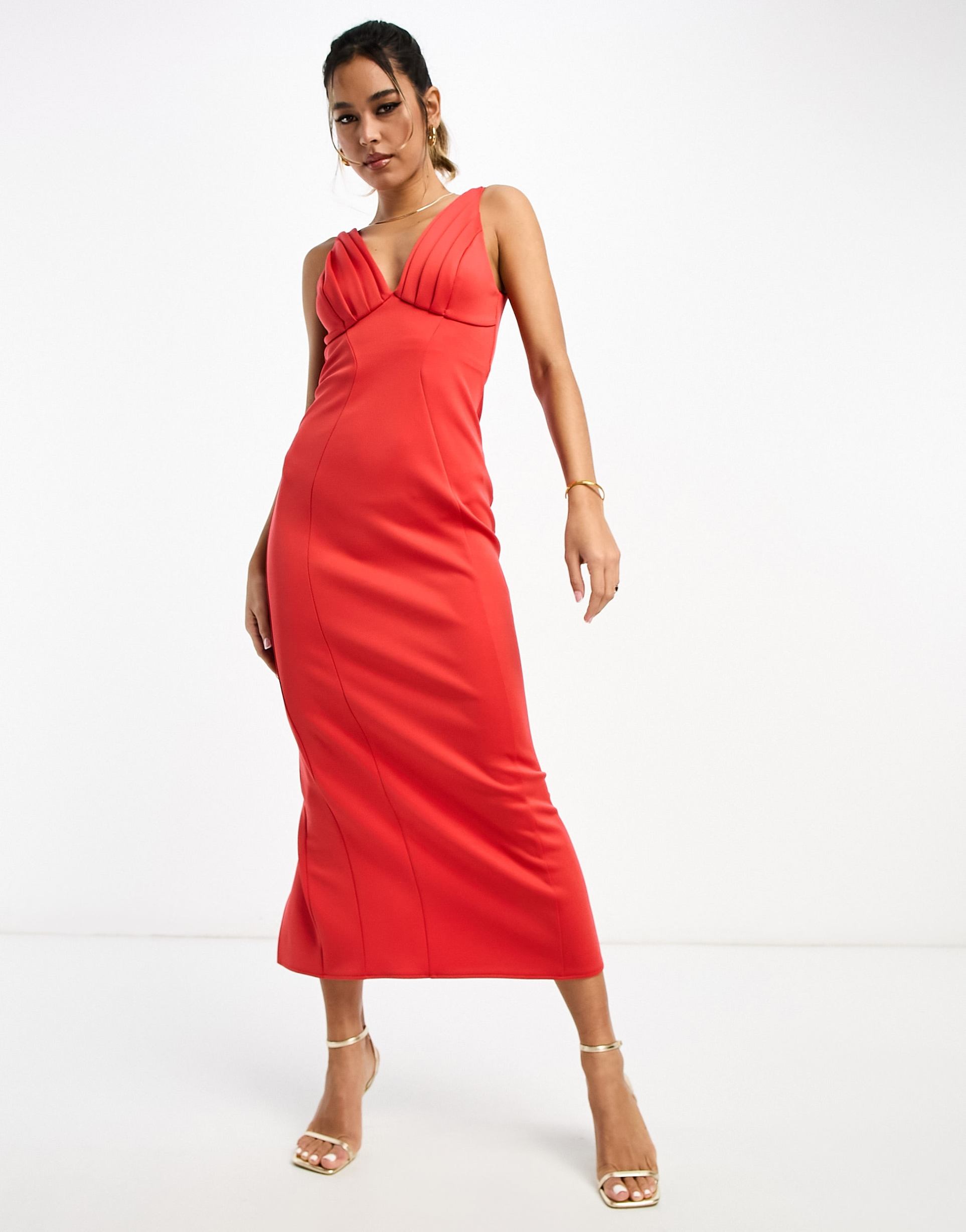 asos design pleated bust bodycon midi dress in red