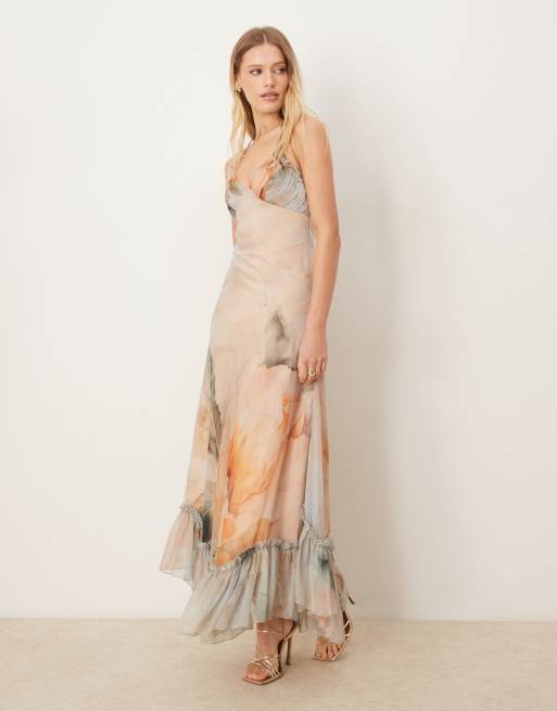 ASOS DESIGN pleated bust cami maxi dress with ruffle pephem in abstract floral print