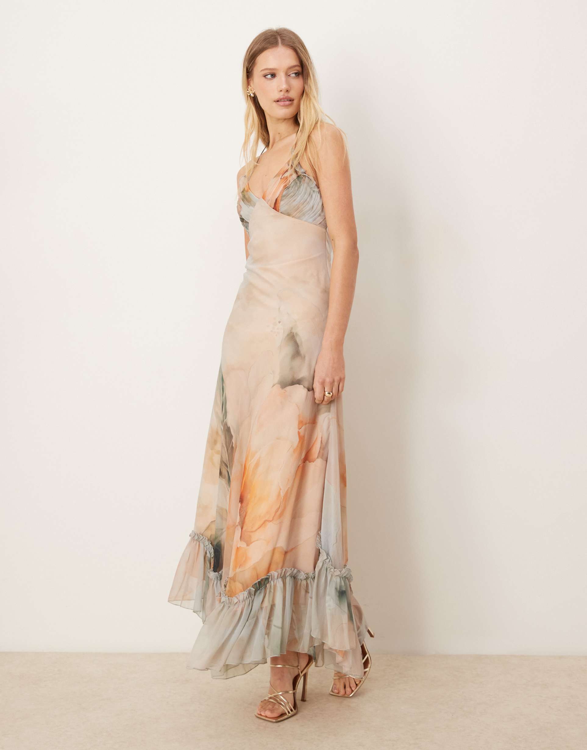 asos design pleated bust cami maxi dress with ruffle pephem in abstract floral print