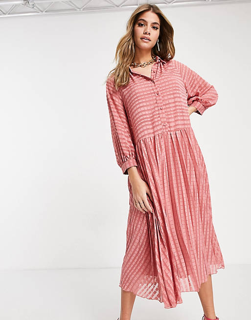 Women pleated button through midi shirt dress in self stripe in tea rose 